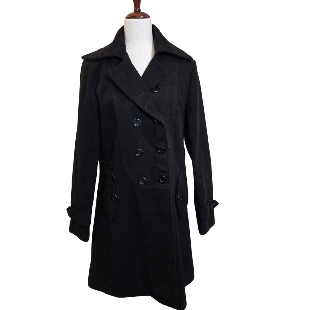ALYY Womens M Black Double Breasted Wool Blend Pea Coat Jacket - Picture 3 of 9